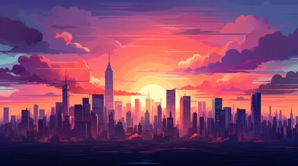 Naklejka premium Modern city skyline at sunset flat design, top view, urban landscape, animation, vivid