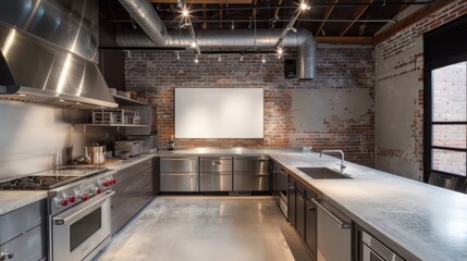 Modern Industrial Kitchen with Exposed Brick and Stainless Steel Appliances