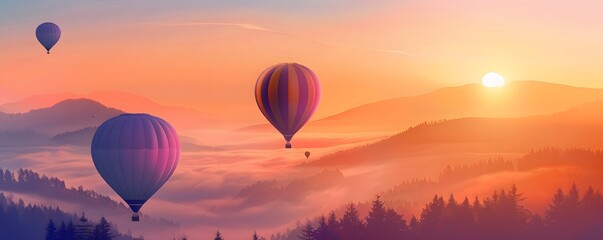 Obraz premium Hot Air Balloons Soaring Above Misty Mountains at Sunset