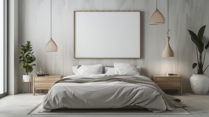 Minimalist Bedroom Interior with a Large Blank Canvas Artwork