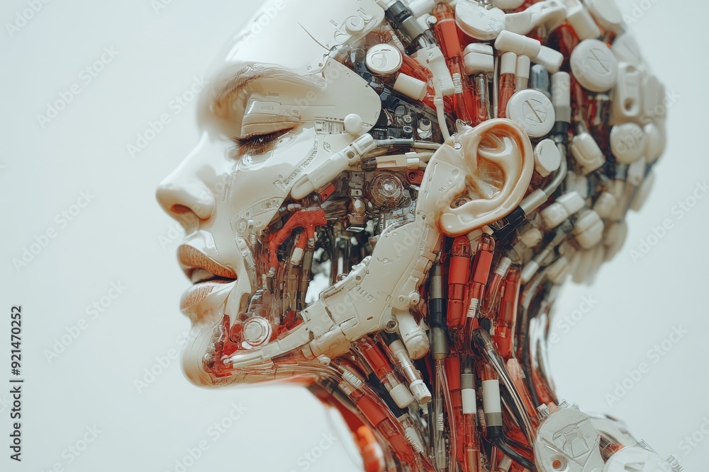 Poster highly detailed robotic head with exposed circuitry showcasing the intricacies of robotic design