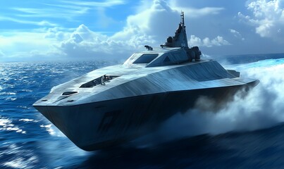 Modern Warship Cutting Through the Waves