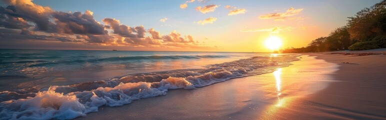 Obraz premium Golden Sunset Over a Calm Ocean Beach