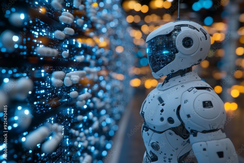 Poster high density robotic node surrounded by blue energy fields illustrating high speed data transmission