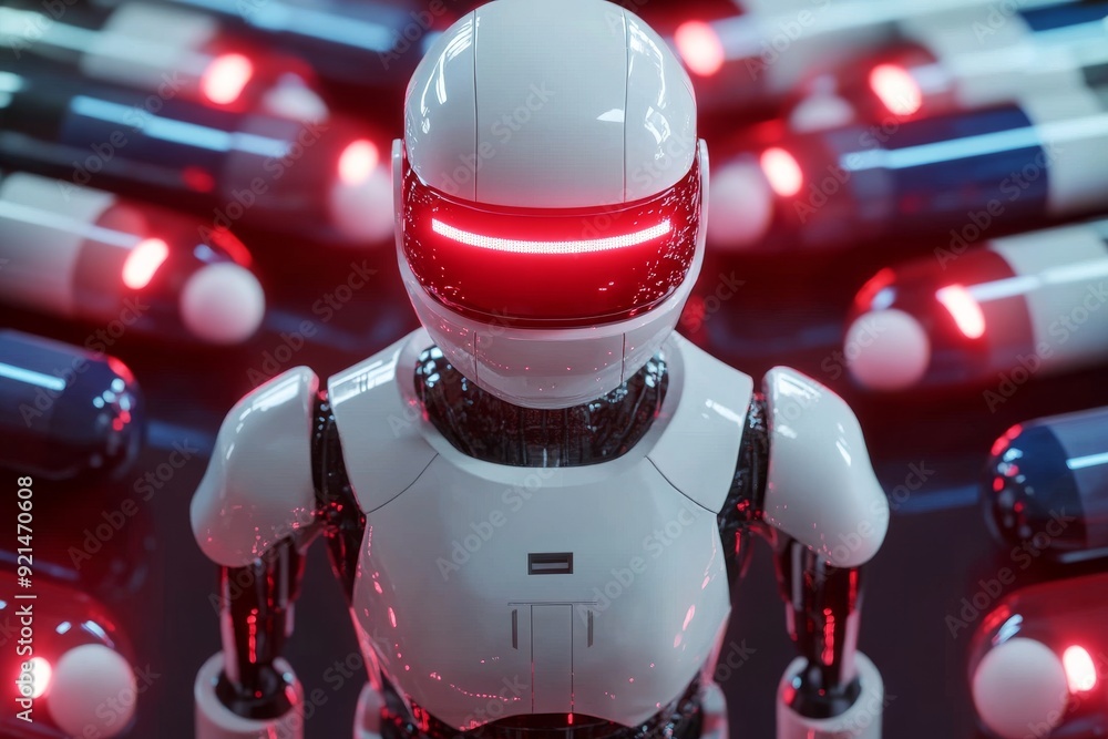 Poster red and white humanoid robot poised in a dynamic stance showcasing advanced robotics technology