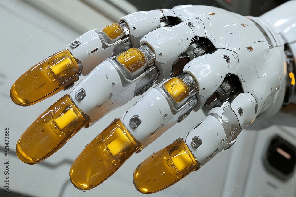 Poster robotic hand with advanced dexterity handling various capsules symbolizing automated healthcare
