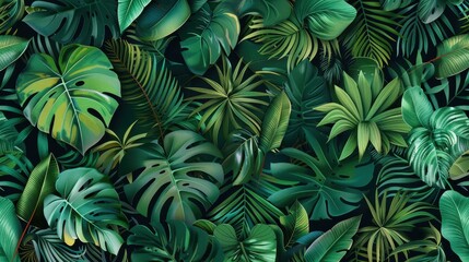 Various tropical leaves create a dense green tapestry, emphasizing nature's textures and hues