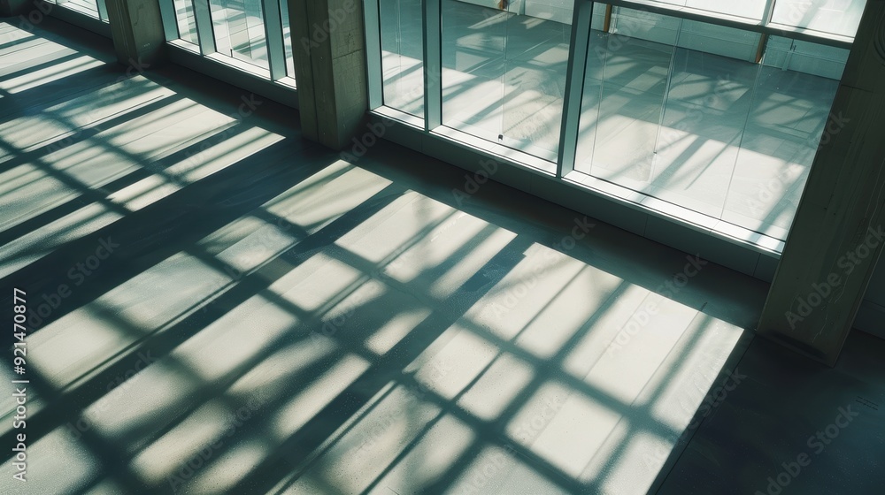 Poster large windows casting sunlight and creating intricate shadows on the floor