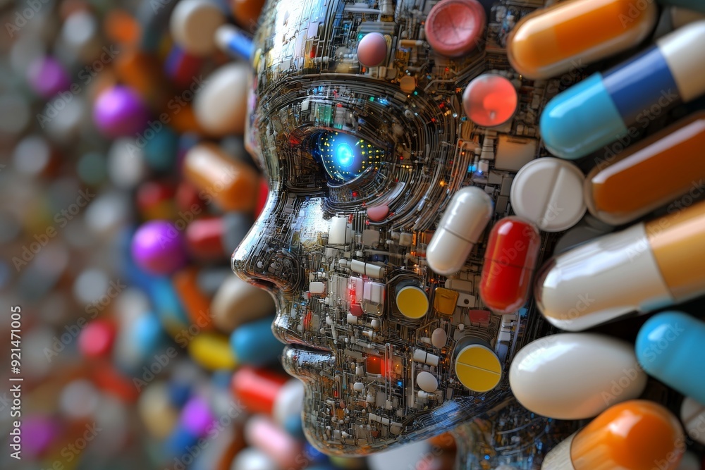 Poster white robotic face with intricate design and soft focus portraying a serene technological presence