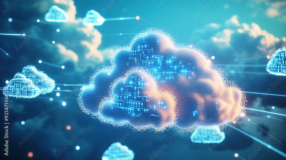 Wall mural 3d render of clouds with data and cyber network on a blue background