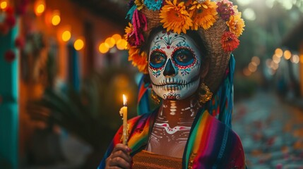 A woman dressed in traditional attire with decorative skull makeup holds a candle in a festive setting.