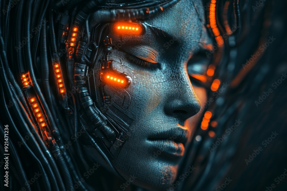 Poster futuristic robotic face with intricate blue lighting symbolizing advanced artificial intelligence