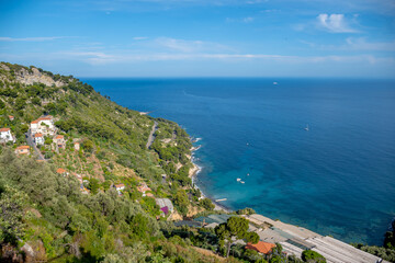 Colourful view on Italian Riviera and blue Mediterranean Sea from French-Italian border in Grimaldi...