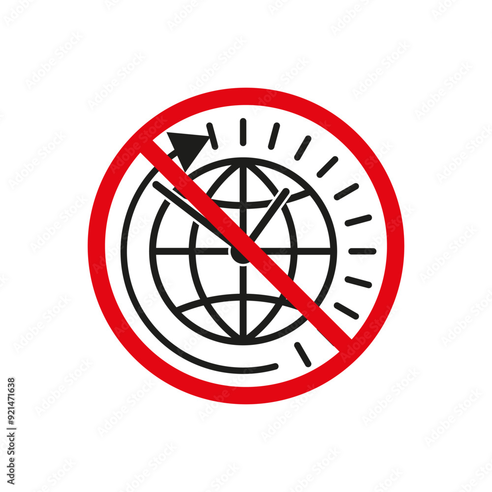 Poster no global time icon. red circle with slash over globe and clock. prohibition sign.