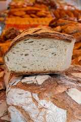 Freshly baked big sourdough traditional italian bread on olive wood fired oven