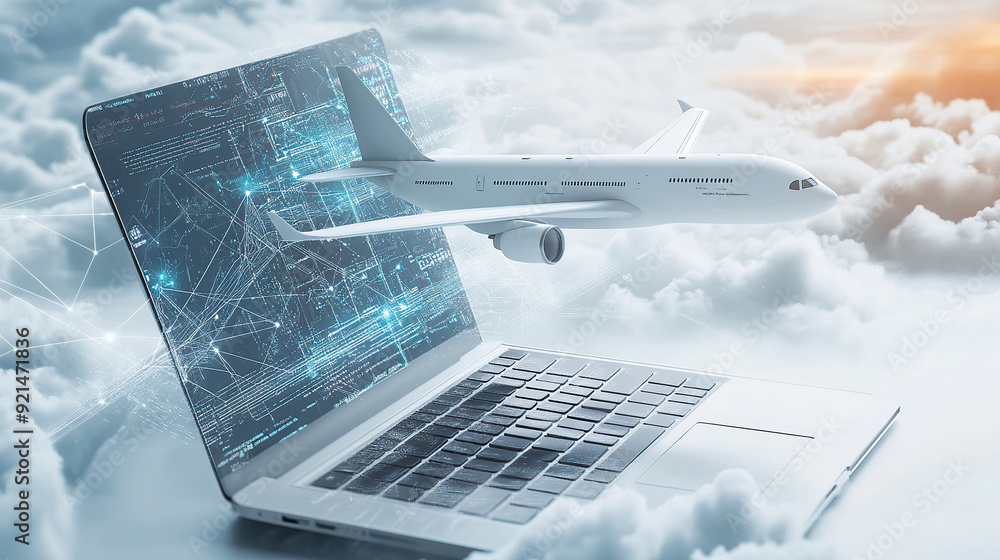 Poster 3d rendering of an airplane flying over a laptop with a digital data and cloud technology background