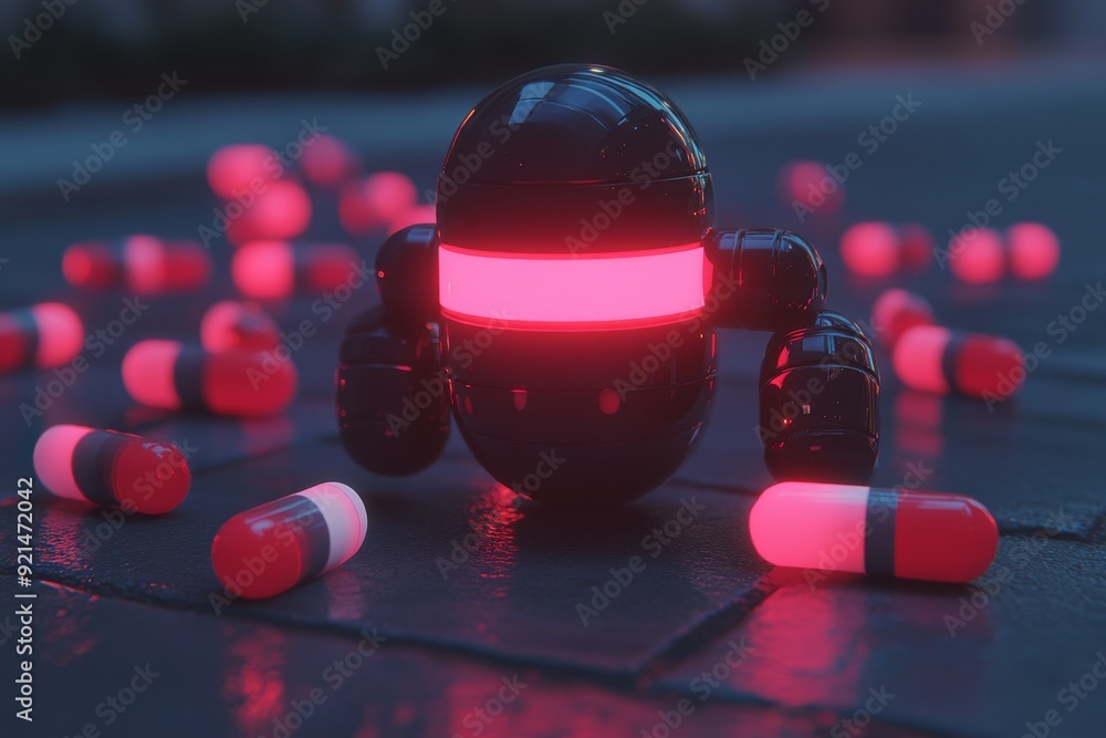 Poster red robotic orb in a dark setting symbolizing advanced autonomous surveillance technology