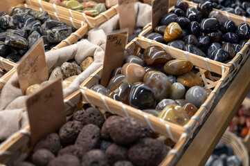 Different minerals and stones in souvenirs shop in France