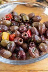 Pickled and marinated olives Ligurian style, tasty Italian starters, antipasti, tapas