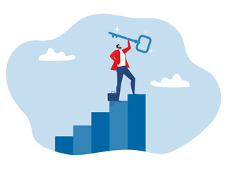 Obraz premium The key to success concept .businessman winner walk up to top of stairway lifting golden success key to the sky.Ladder to success. achieve career goals concept