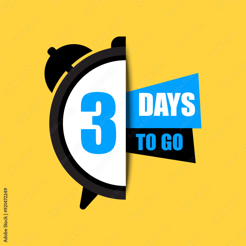Aufkleber countdown timer graphic. number three focus. bold 3 days to go text. bright yellow background.