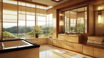 Obraz premium Modern bathroom with a large window overlooking a forest and a bathtub.