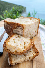 Freshly baked big sourdough traditional italian bread on olive wood fired oven