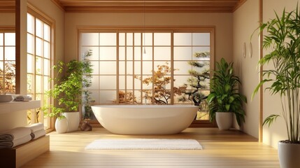 Fototapeta premium Modern bathroom with bathtub, wood floor, and large window with view of trees.