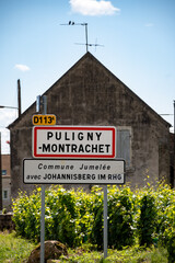 Fototapeta premium Road sign Puligny-Montrachet village, wine of Burgundy, France. High quality white dry wine making from Chardonnay grapes on grand cru classe vineyards
