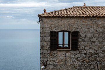 Colourful view on Italian Riviera and blue Mediterranean Sea from French-Italian border in Grimaldi village, Ventimiglia near San-Remo, travel destination, panoramic view