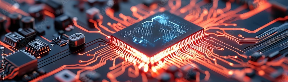 Poster high-tech microchip illuminated by glowing circuits, showcasing modern electronic design and innovat
