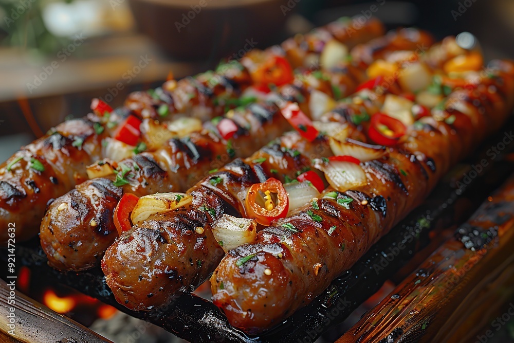 Poster Grilled Sausages with Onions and Peppers