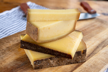 French aged in caves cheese Comte, made from unpasteurised cow milk Prestige,  Vieille Reserve close up