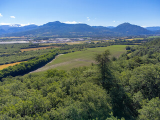 Obraz premium Agricultural region with lavender or lavandine plants, fruit orchards near Sisteron, Haute-Durance, Franse departement Alpes-de-Haute-Provence, in summer