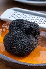 Delicious mushrooms, fresh black summer truffle mushroom and grater for making truffle dishes with tasty aroma