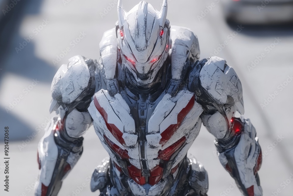 Poster futuristic armored robot warrior in action showcasing advanced cybernetic technology in a dynamic po