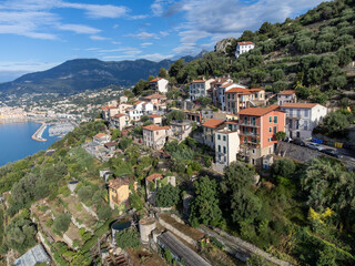 Colourful view on Italian Riviera and blue Mediterranean Sea from French-Italian border in Grimaldi...