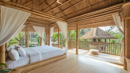 Fototapeta premium A cozy bedroom with a bamboo frame and thatched roof, overlooking a lush green jungle.