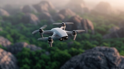 Fototapeta premium Aerial view of a modern drone flying over lush green landscape with rocky formations, showcasing technology and nature integration.