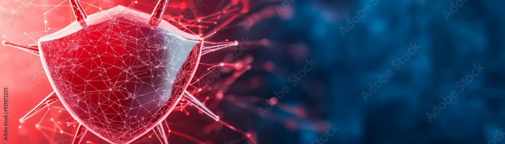 Poster digital shield protecting against virus in abstract background, symbolizing security and health in m