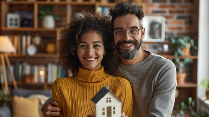 Happy Couple Holding Model House. A smiling couple holding a model house in their cozy home, symbolizing new homeownership and family life.
