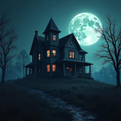 A decrepit haunted house on a hill, illuminated by a full moon with a ghostly, eerie glow, enhancing the chilling ambiance and sense of mystery in the scene.