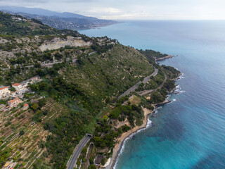Colourful view on Italian Riviera and blue Mediterranean Sea from French-Italian border in Grimaldi...