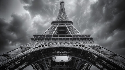 Eiffel Tower in Black and White Perspective.  Dramatic black and white photograph of the Eiffel Tower captured from a low-angle perspective with cloudy skies.