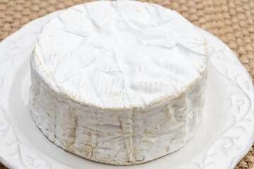 French soft Camembert cheese, original Camembert de Normandie, close up with white mold