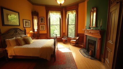 A  large bed with a wooden headboard and ornate carvings stands in a beautifully decorated bedroom with large windows, hardwood floors, and a fireplace with a mirror above it.