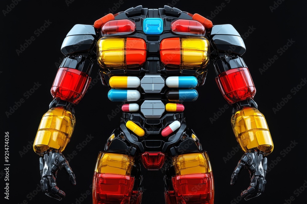 Poster colorful toy robots in a nostalgic arrangement symbolizing the playful side of robotics