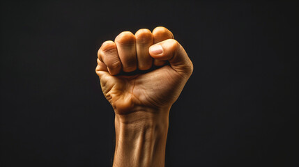 Clenched fist raised in a black background.