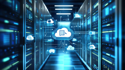 Digital illustration of cloud storage technology with icons and data connection in server room background