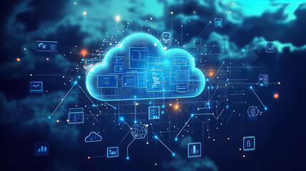 A cloud with various digital icons floating above it